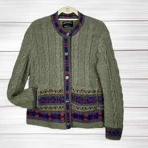 Lost Horizons Nepal Olive Green Wool  Nordic Hand Knitted Cardigan Sweater L